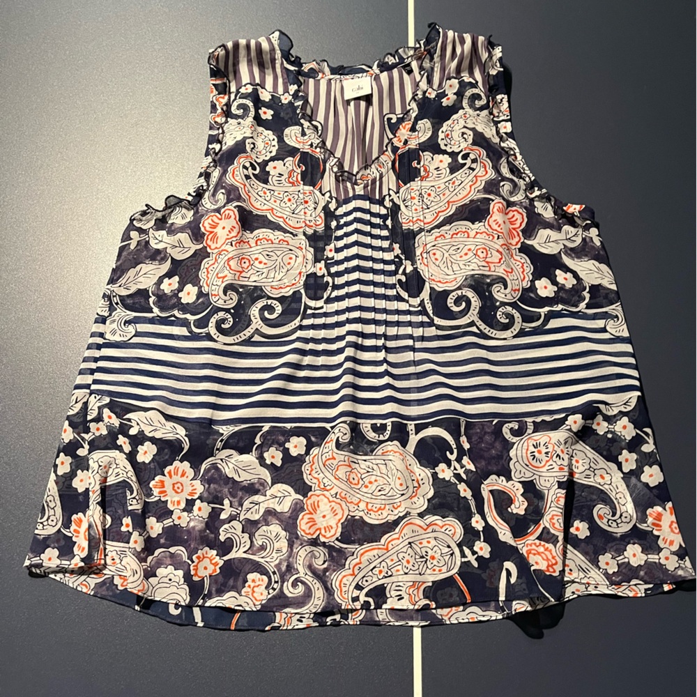 CAbi Navy and Orange Paisley Sleeveless Top